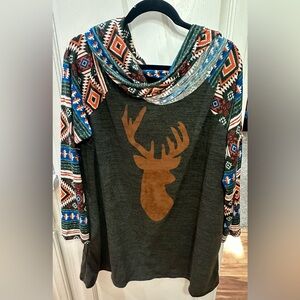 Tribal Print Tunic with Suede Deer Motif